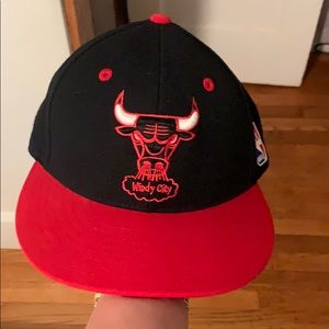 A Black and Red Chicago Bulls hat